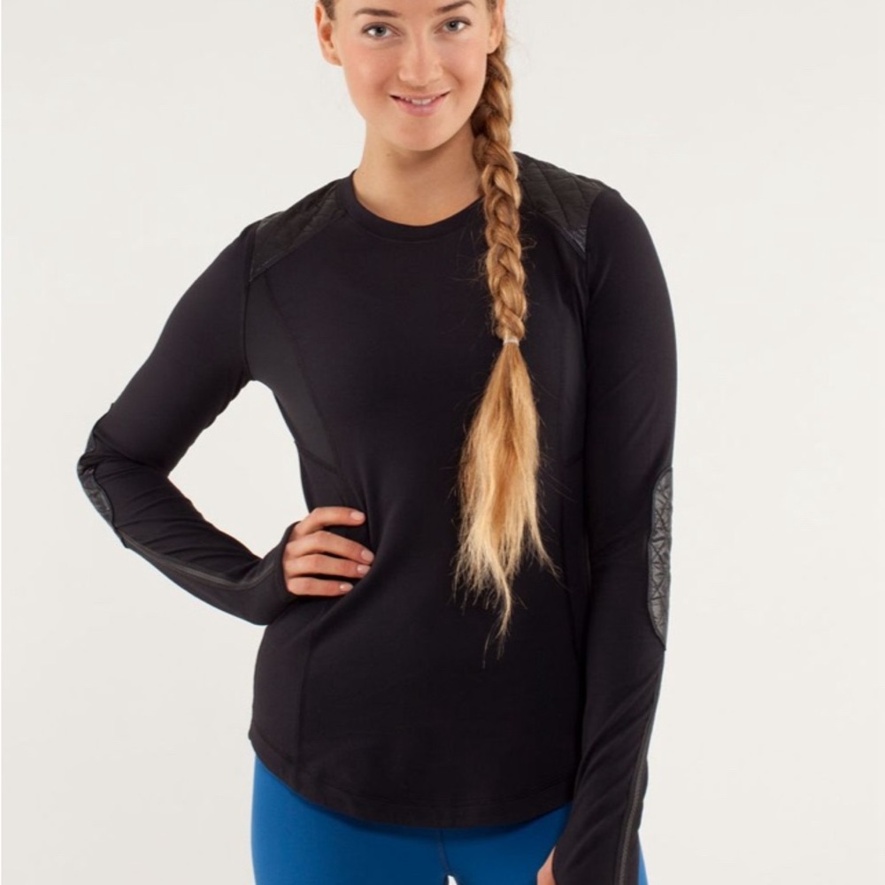 Lululemon Ice Queen Top Shirt Womens Size 4 Black Quilted Shoulder Elbow Patch - Picture 3 of 6